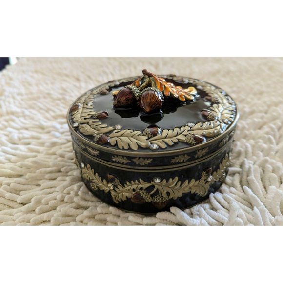 Round mirrored trinket box with autumn theme - Picture 1 of 11